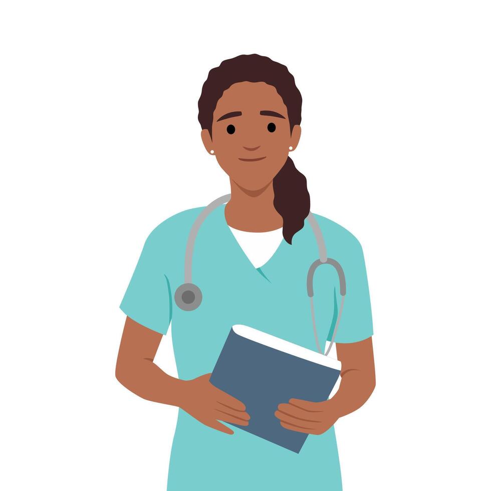 Woman nurse in uniform holding notebook and pen to take notes, health worker intern woman standing and smiling vector