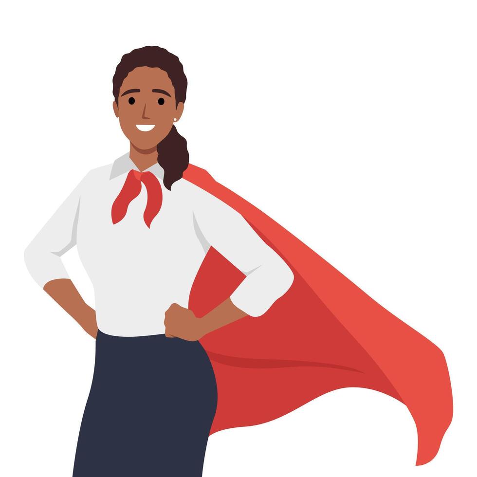 Young woman business lady wearing super hero cloak. Woman power, lady business, brave woman. vector