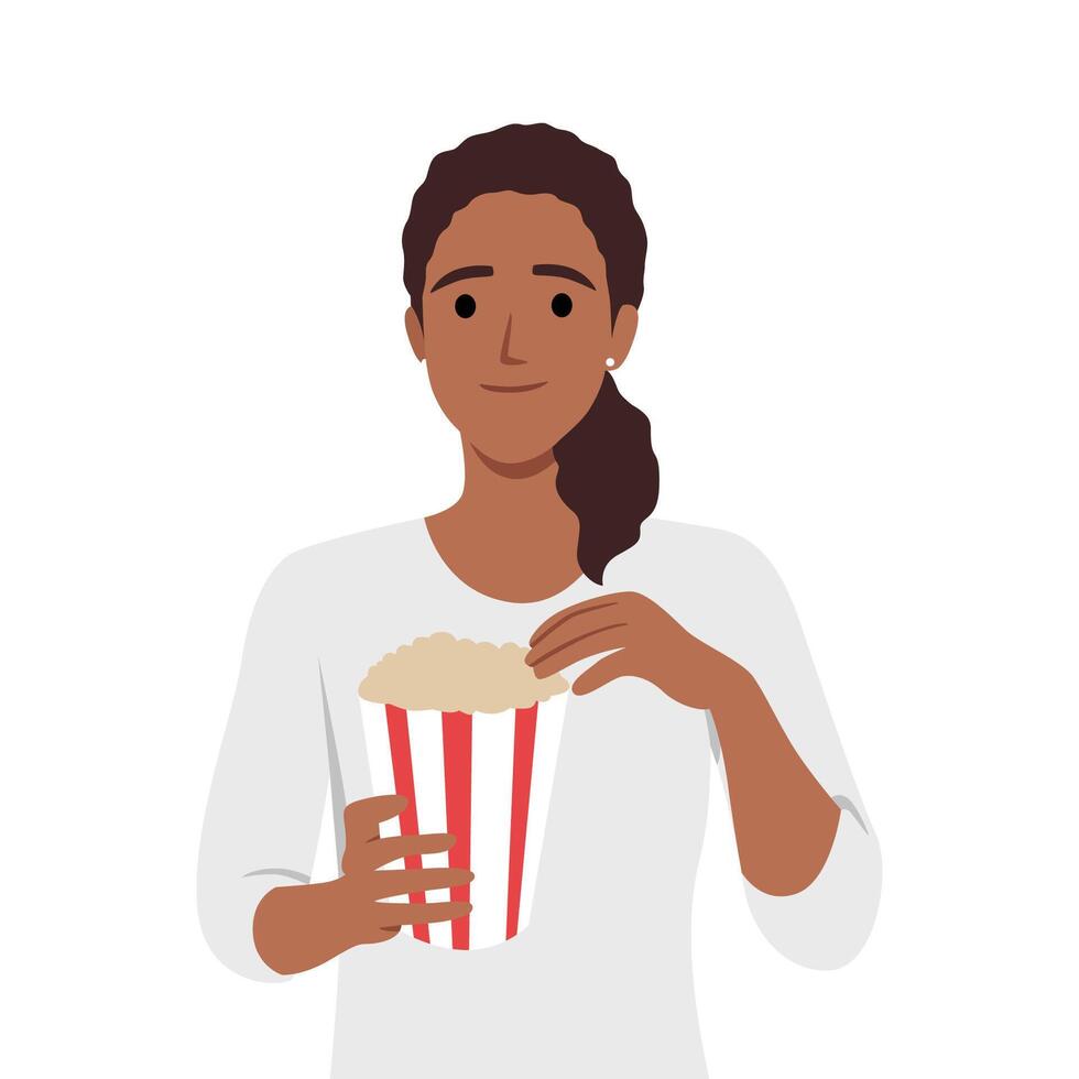 Unhealthy eating, calories concept. Young stressed girl cartoon character eating pop corn from basket with hands vector