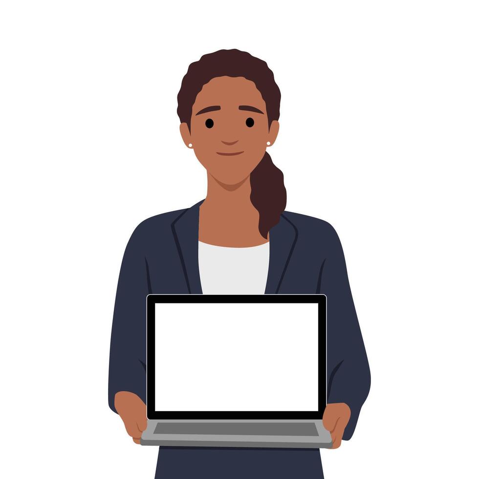 joven mujer de negocios demostración blanco pantalla ordenador portátil computadora. vector