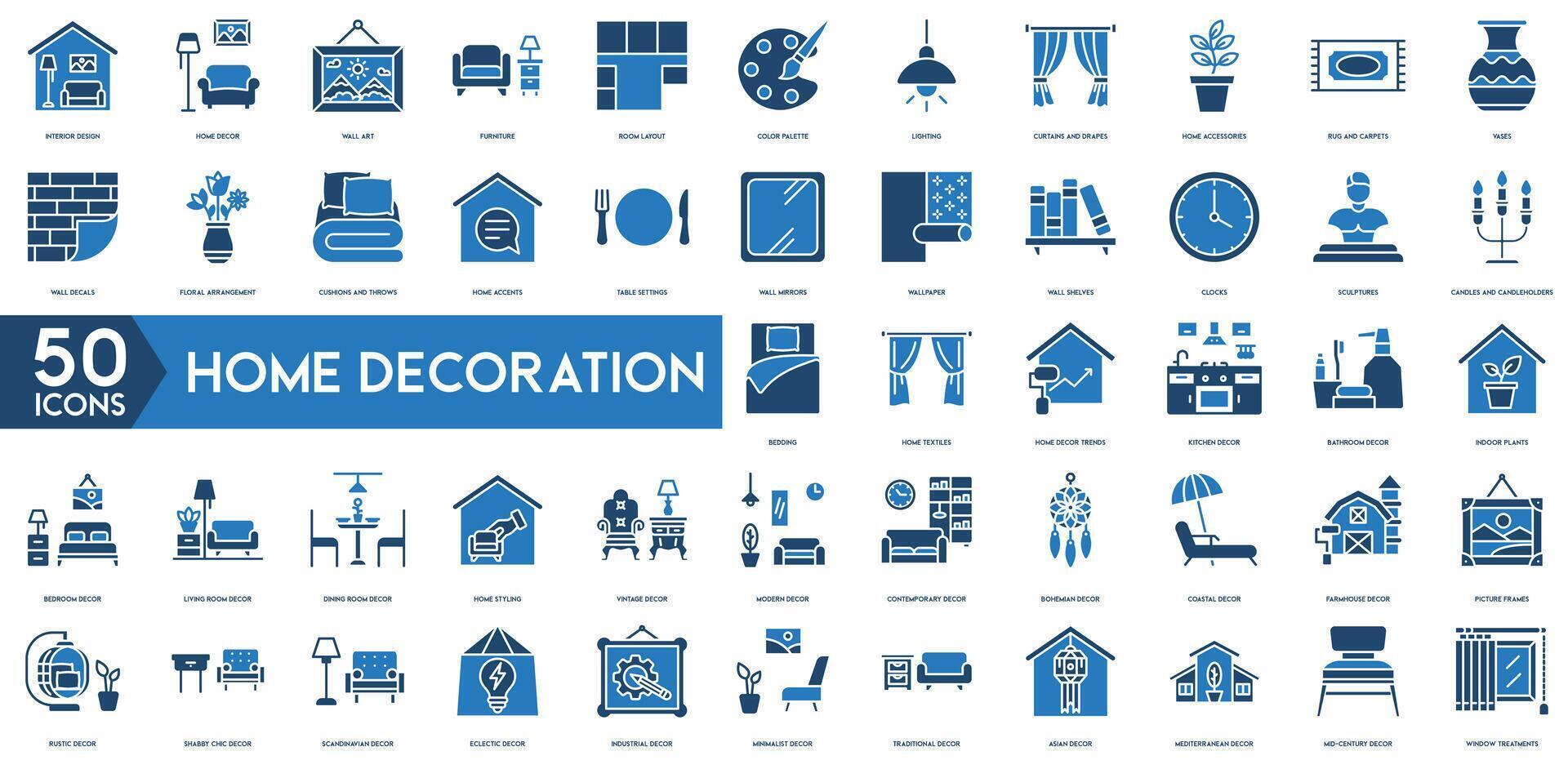 Home Decoration icon. Interior Design, Home Decor, Wall Art, Furniture, Room Layout, Color Palette, Lighting, Curtains and Drapes, Home Accessories, Rug and Carpets icon set. vector