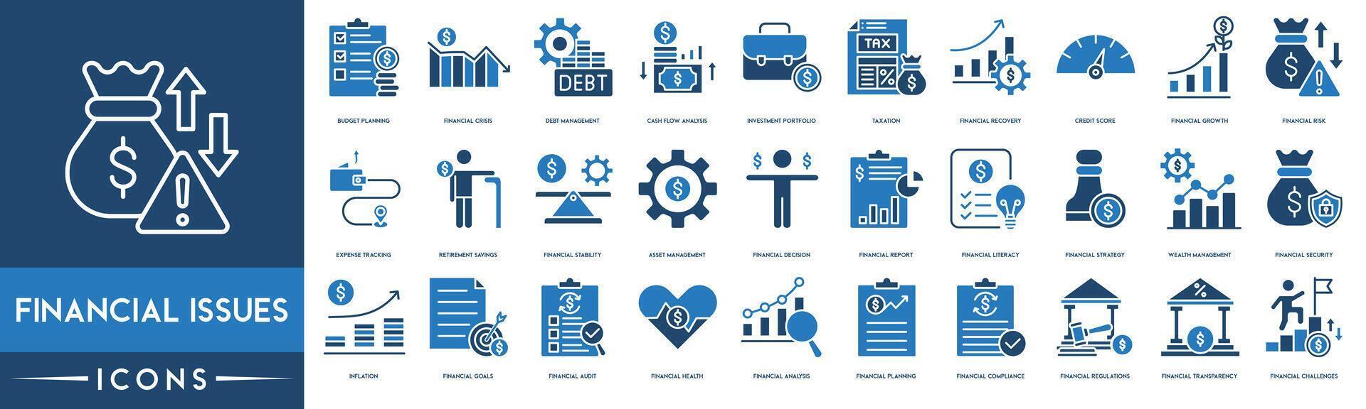 financiero cuestiones icono. presupuesto planificación, crisis, deuda gestión, efectivo fluir análisis, inversión portafolio, impuestos, financiero recuperación, crédito puntaje, financiero crecimiento y financiero riesgo vector