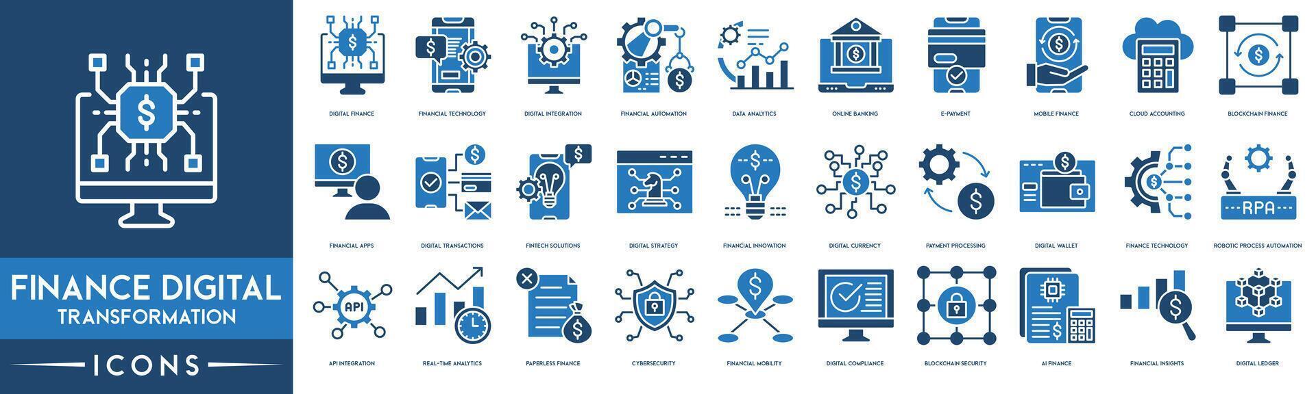 Finance Digital Tranformations icon. Digital Finance, Financial Technology, Digital Integration, Financial Automation, Data Analytics, Online Banking, E-payment, Mobile Finance and Cloud Accounting vector