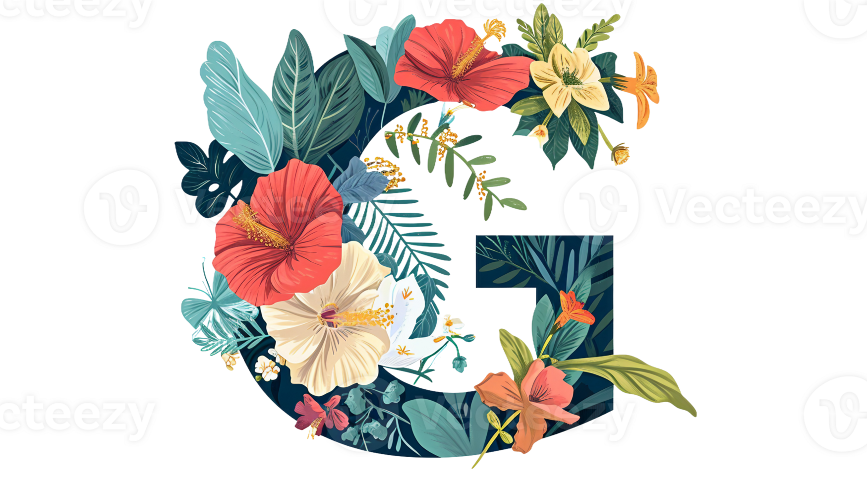 AI generated G Flourished with Flowers on Transparent Background png