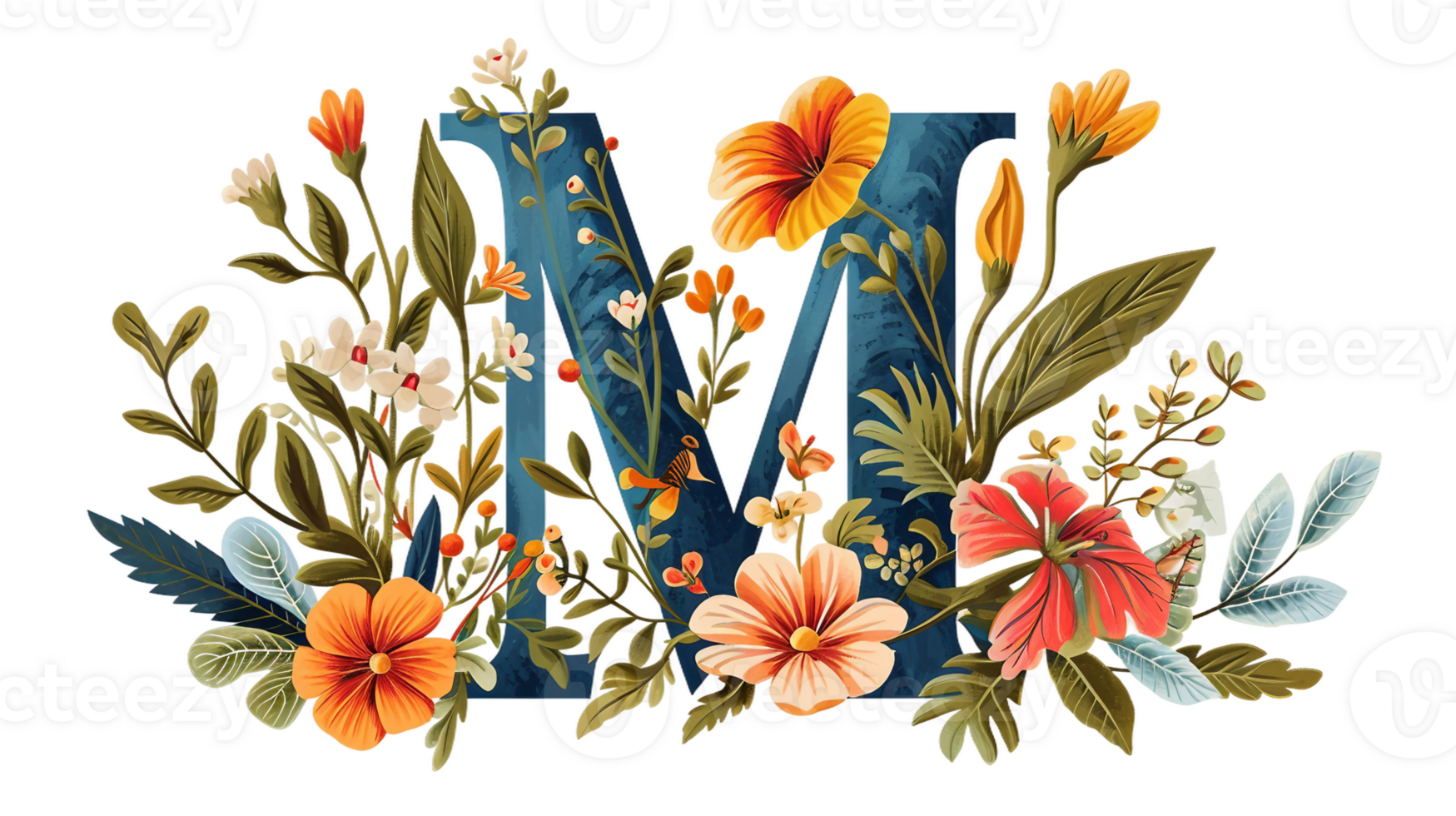 AI generated M Letter Adorned with Blooms on Transparent Background png