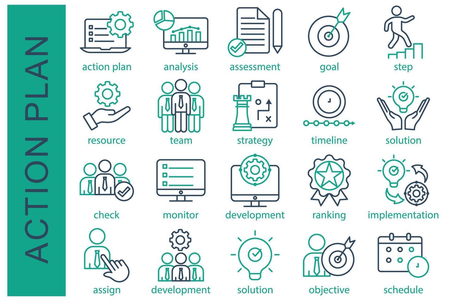 Action plan icon set. containing action plan, analysis, assessment, goal, step, resource, and more. line icon collection. business element vector illustration