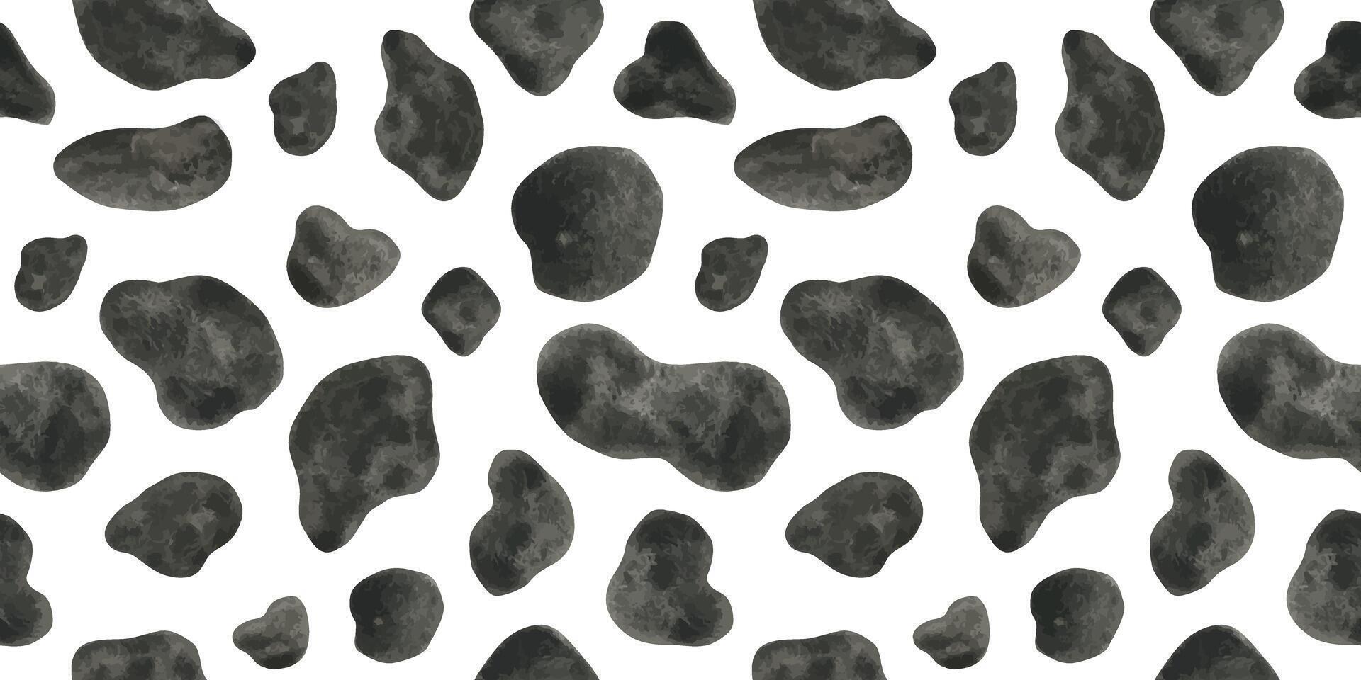 Cow skin imitation. Hand drawn watercolor seamless pattern. Spotted black and white print. Animal texture background for fabric, cards, covers, invitations,scrapbooking, packaging papers. vector