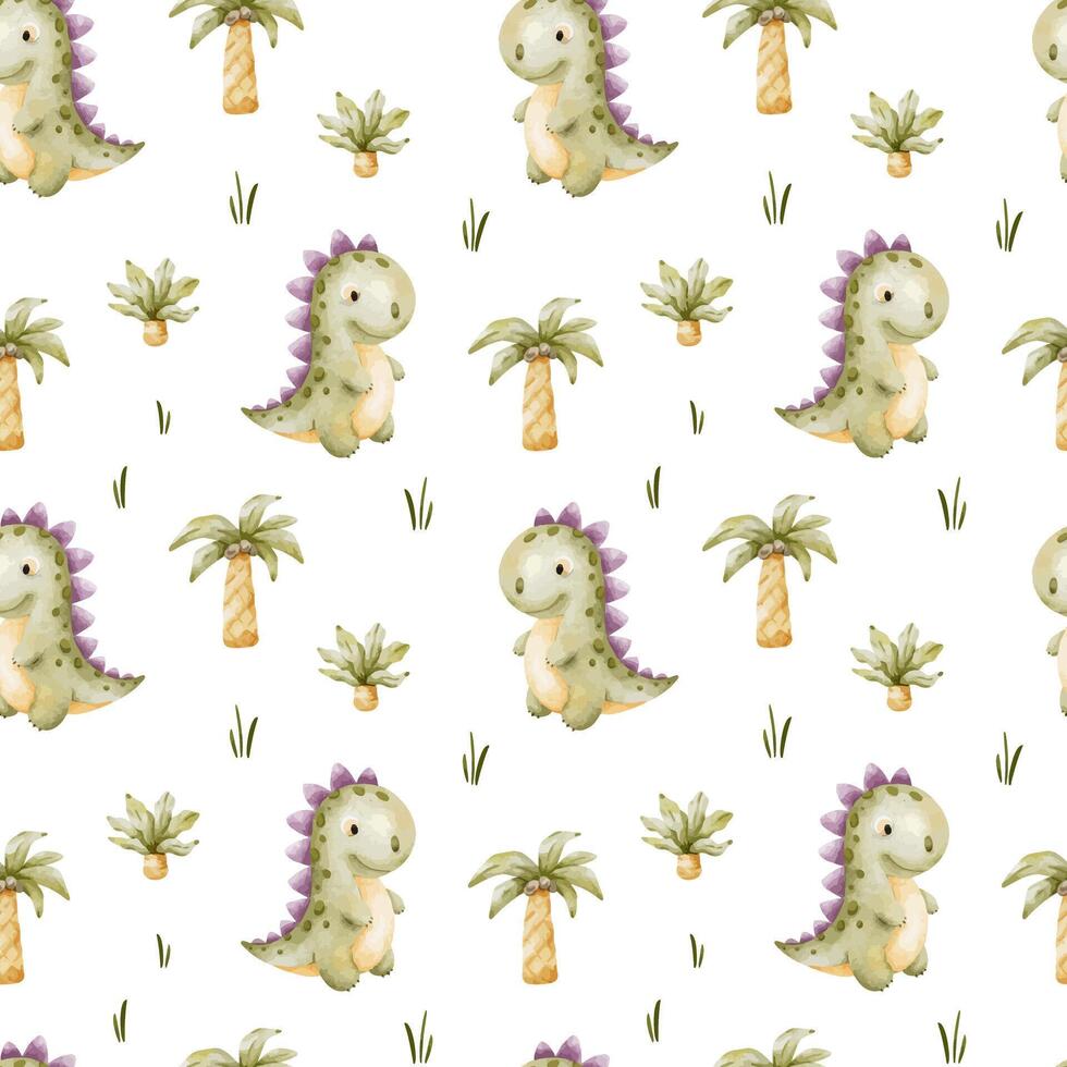 Cute green dinosaurs and Palm trees. Childish background of tyrannosaurus rex. Print with dino. Watercolor seamless pattern for design kid's goods cards, postcards, fabric, scrapbook, office supplies vector