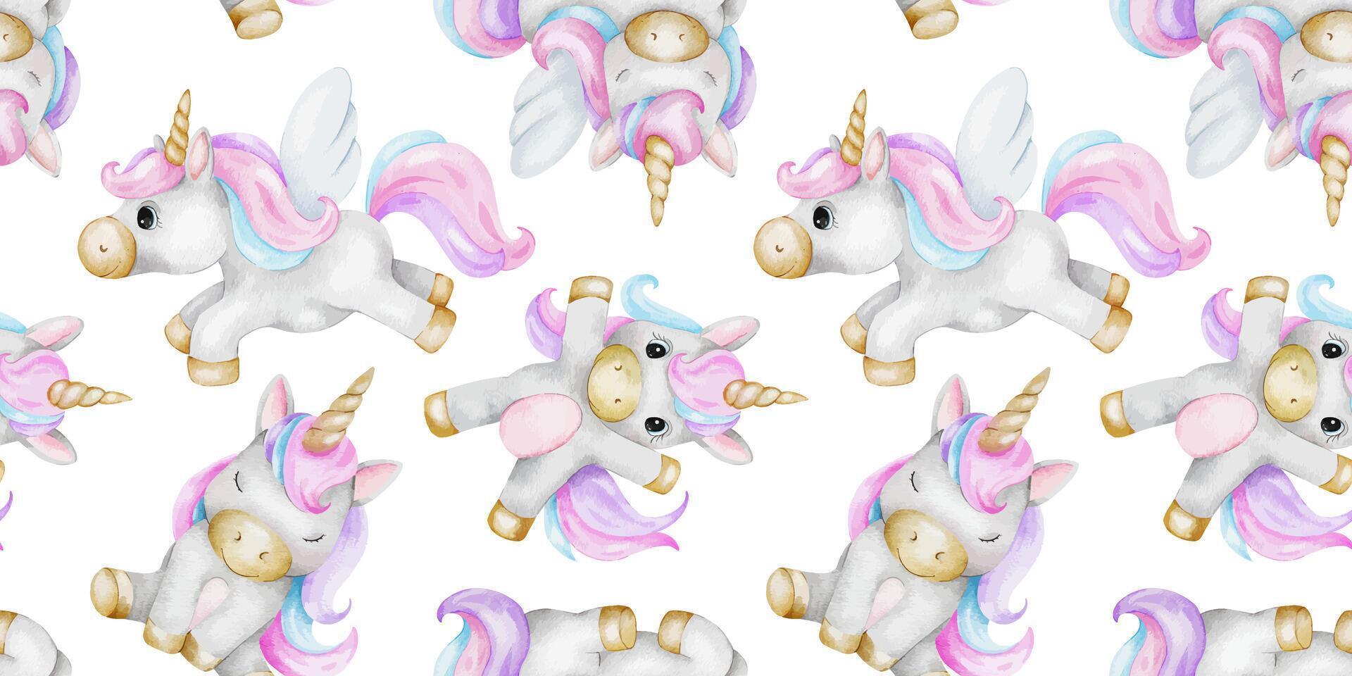 Print of cute little unicorns. Background of baby ponies. Watercolor hand drawn seamless pattern for children's rooms, goods, clothes, postcards, baby shower and nursery, fabric vector
