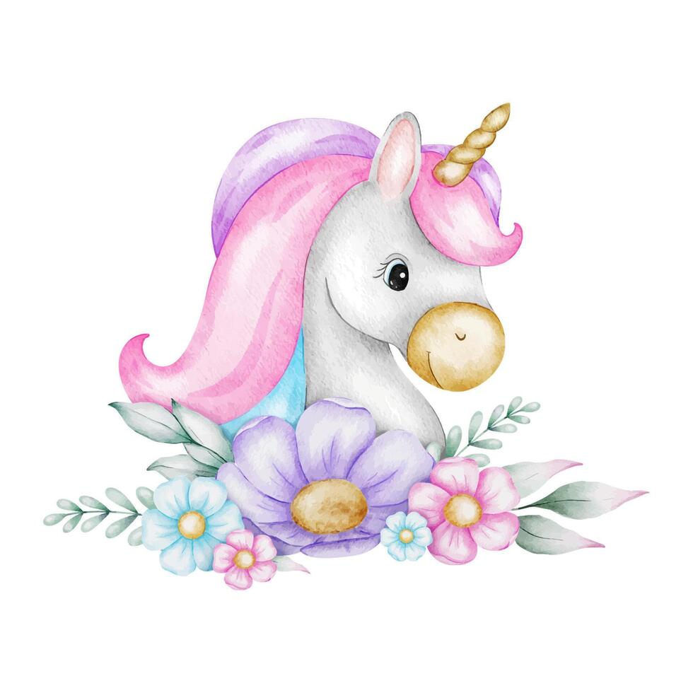 Cute baby fairy tale unicorn, flowers and leaves. Isolated watercolor illustration for logo, kid's goods, clothes, textiles, postcards, poster, baby shower and children's room vector