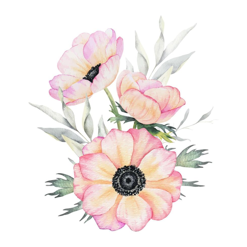 Bouquet of Anemone rose flowers and leaves. Isolated hand drawn watercolor illustration. Summer floral design for wedding invitations, cards, textiles, packaging of goods. wrapping paper vector