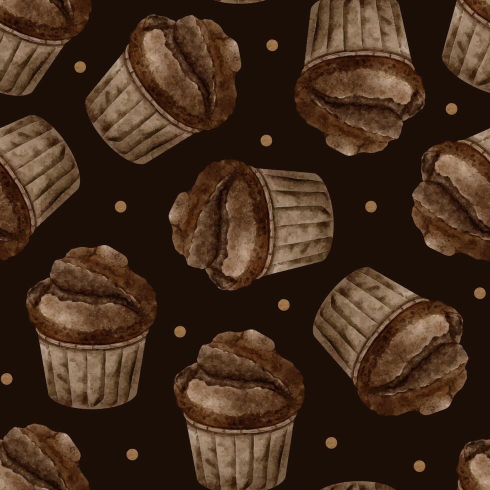 Watercolor seamless pattern of Chocolate muffins. Sweet bakery products. Background of Pastry for design of labels, packaging of goods, cards, for bakehouse, bakeshop. vector