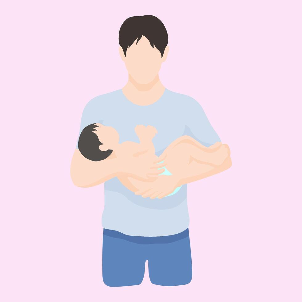 asian brown haired man stands carefully holding his baby in a diaper. simple vector style in realistic silhouette without face. half height portrait
