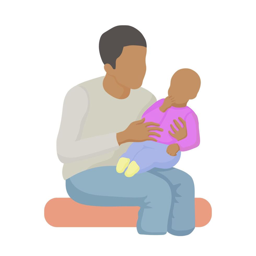 joven negro hombre sentado sostiene un bebé en su regazo. un joven padre mira a su niños en su brazos, sencillo vector estilo en silueta