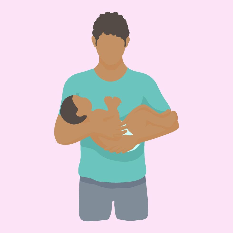 negro hombre soportes cuidadosamente participación su bebé en un pañal. sencillo vector estilo en realista silueta sin rostro. medio altura portrai