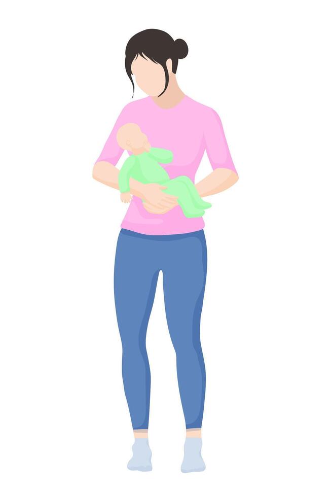 Asian woman standing holds a baby in her hands. a young mother in a T-shirt and leggings looks at her children in her arms, simple vector style in silhouette