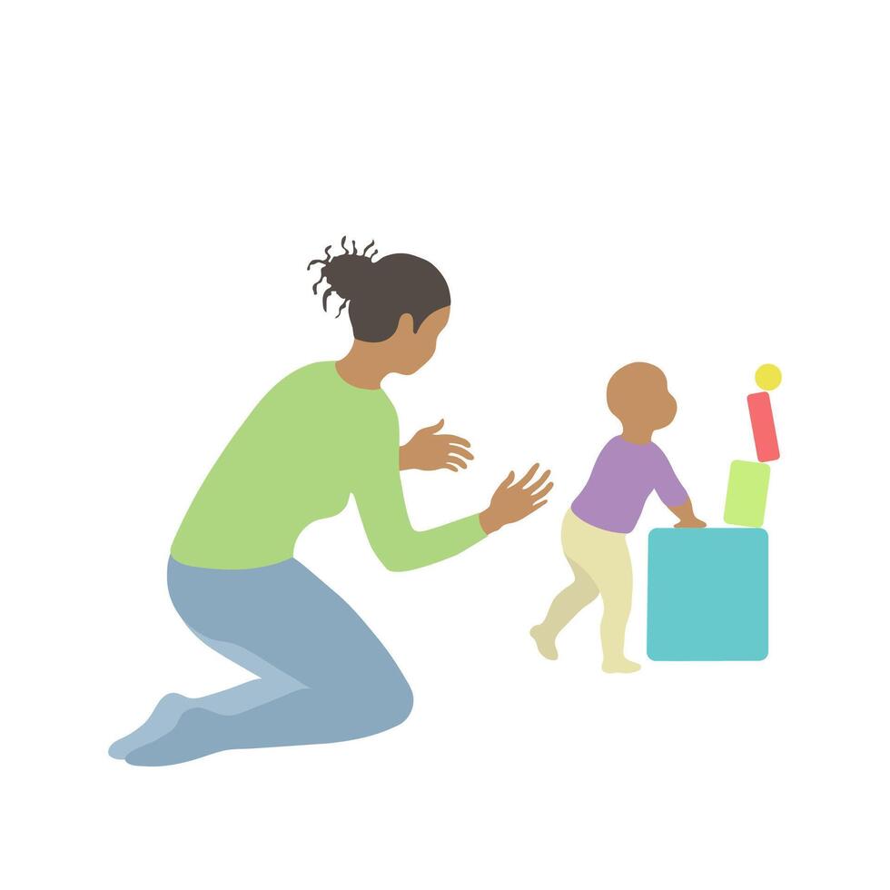 Black woman looks after a child climbing a mountain of toys. simple vector style in realistic silhouette without face. white nanny or mom spends time with baby