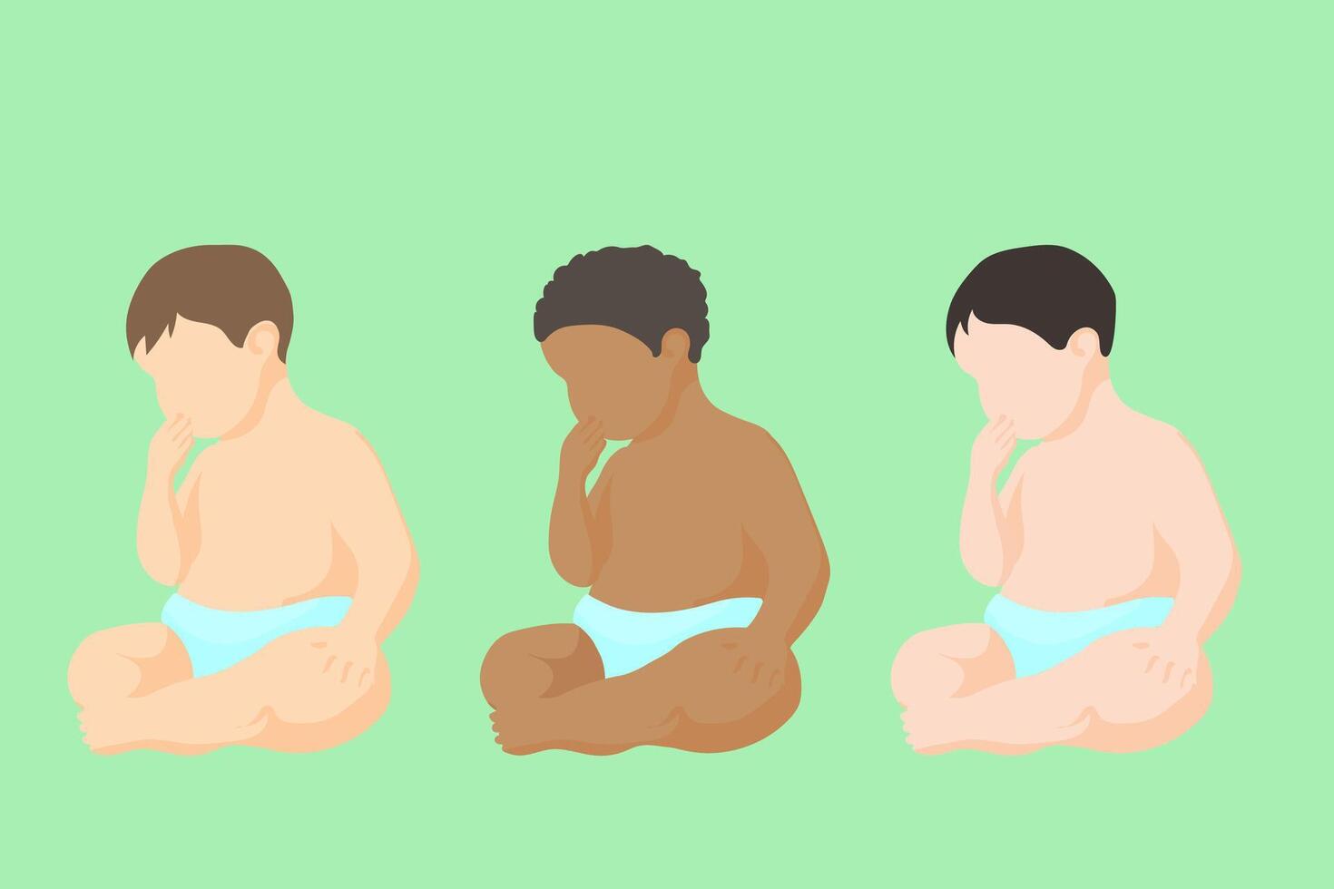 caucásico, negro y asiático bebés en pañales sentado succión en su propio dedos. conjunto de sentado niños de diferente Razas sencillo vector estilo en silueta