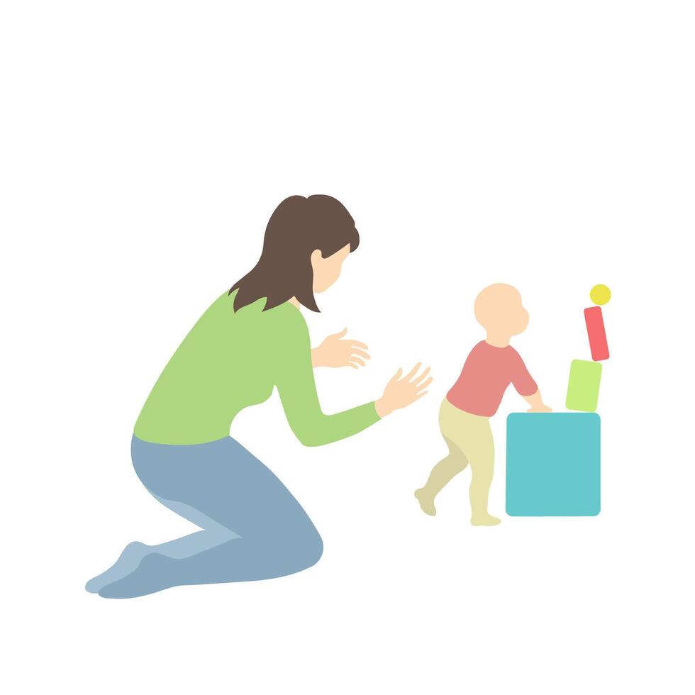 Caucasian woman looks after a child climbing a mountain of toys. simple vector style in realistic silhouette without face. white nanny or mom spends time with baby