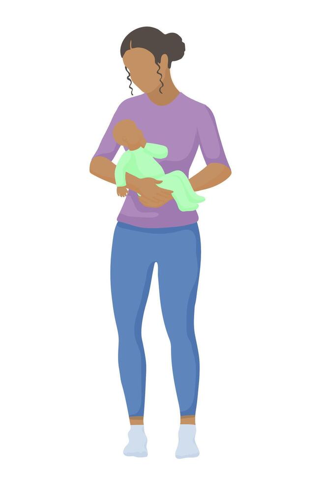 black woman standing holds a baby in her hands. a young mother in a T-shirt and leggings looks at her children in her arms, simple vector style in silhouette