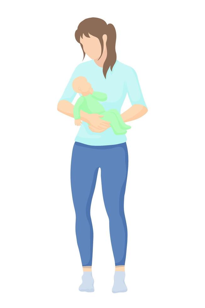 blanco mujer en pie sostiene un bebé en su manos. un joven madre en un camiseta y polainas mira a su niño en su brazos, sencillo vector estilo en silueta