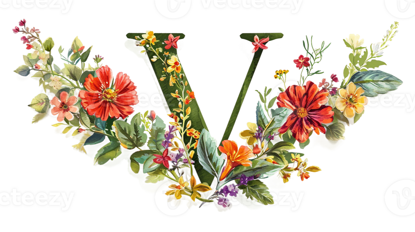 AI generated A Vibrant Letter V Illustration with flowers on Transparent Background png