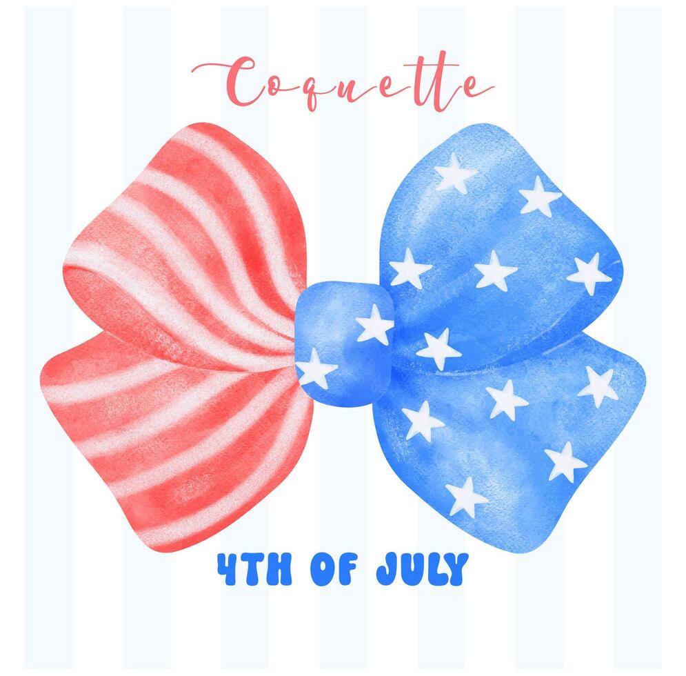 Coquette 4th of July, Stars and Stripes Ribbon Bow Watercolor Art vector