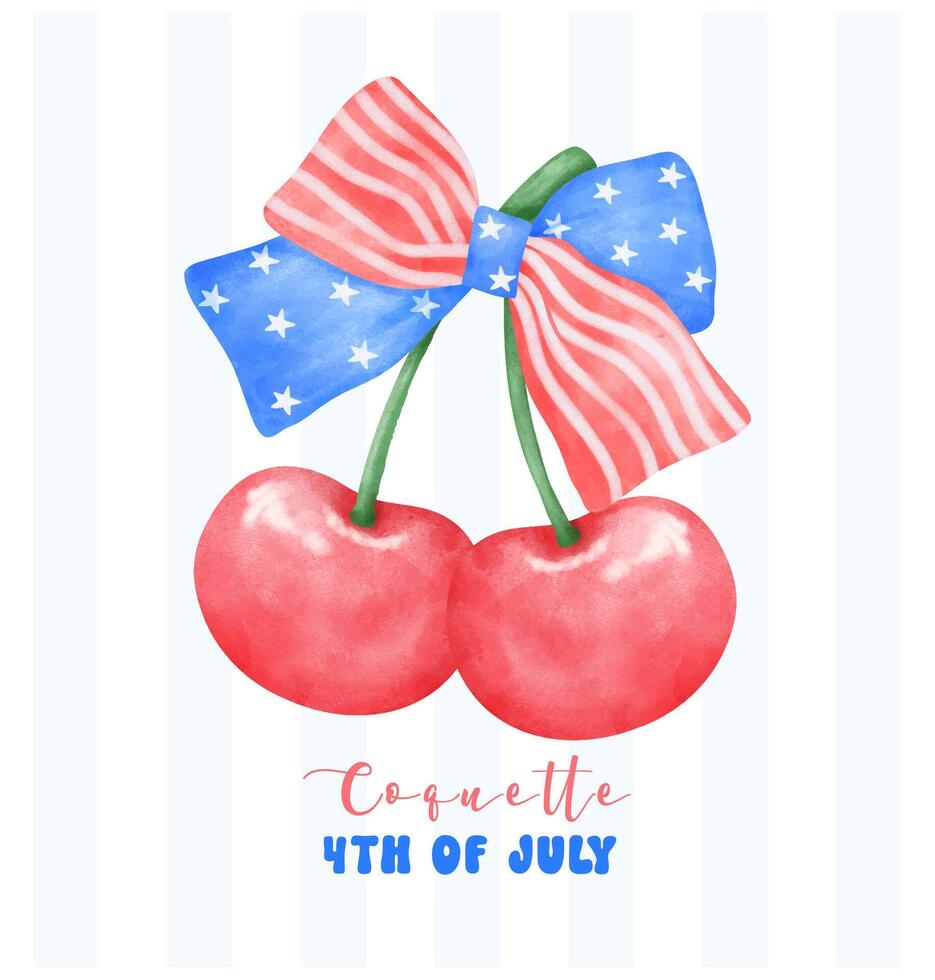 Coquette 4th of July Cherry with stars and stripes ribbon Bow Watercolor. vector