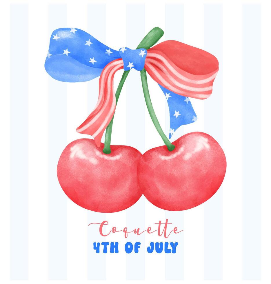 Coquette 4th of July Cherry with stars and stripes ribbon Bow Watercolor. vector