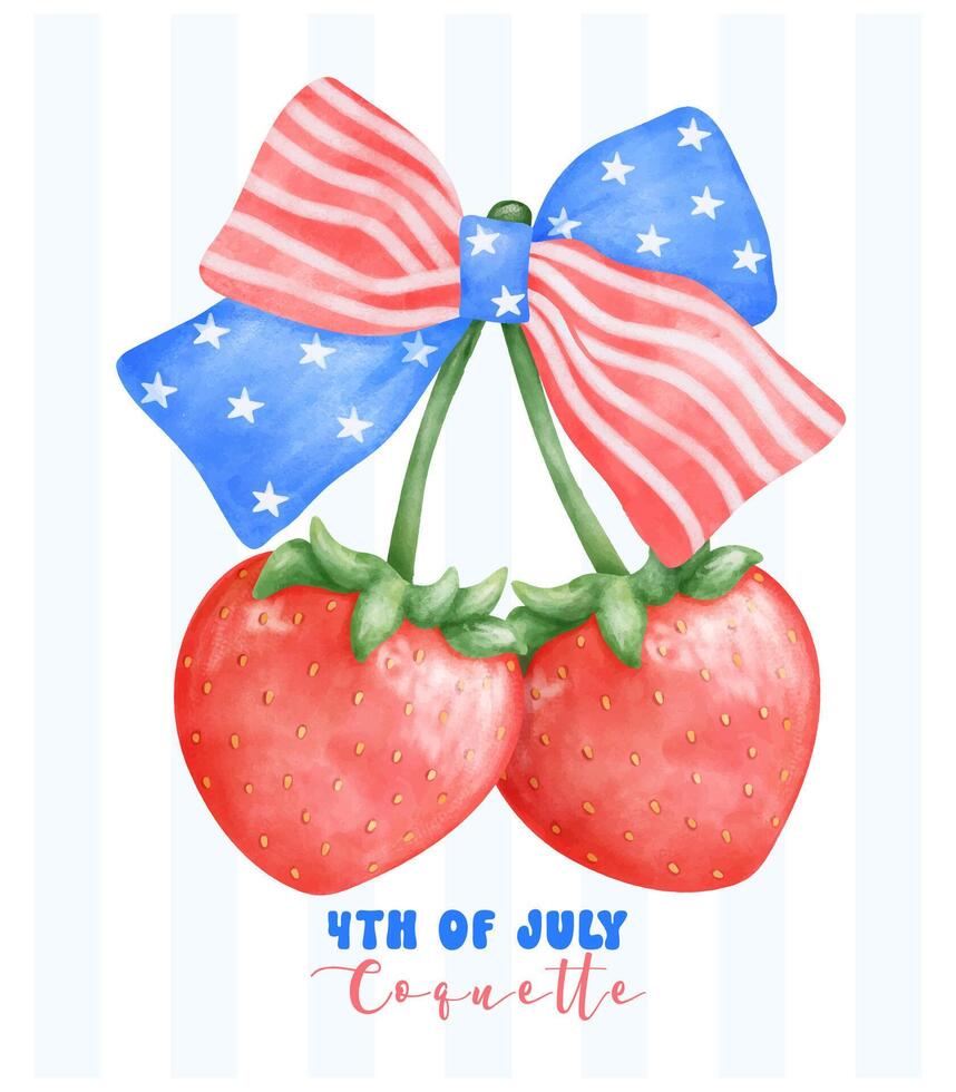 Coquette 4th of July Strawberries with stars and stripes ribbon Bow Watercolor. vector