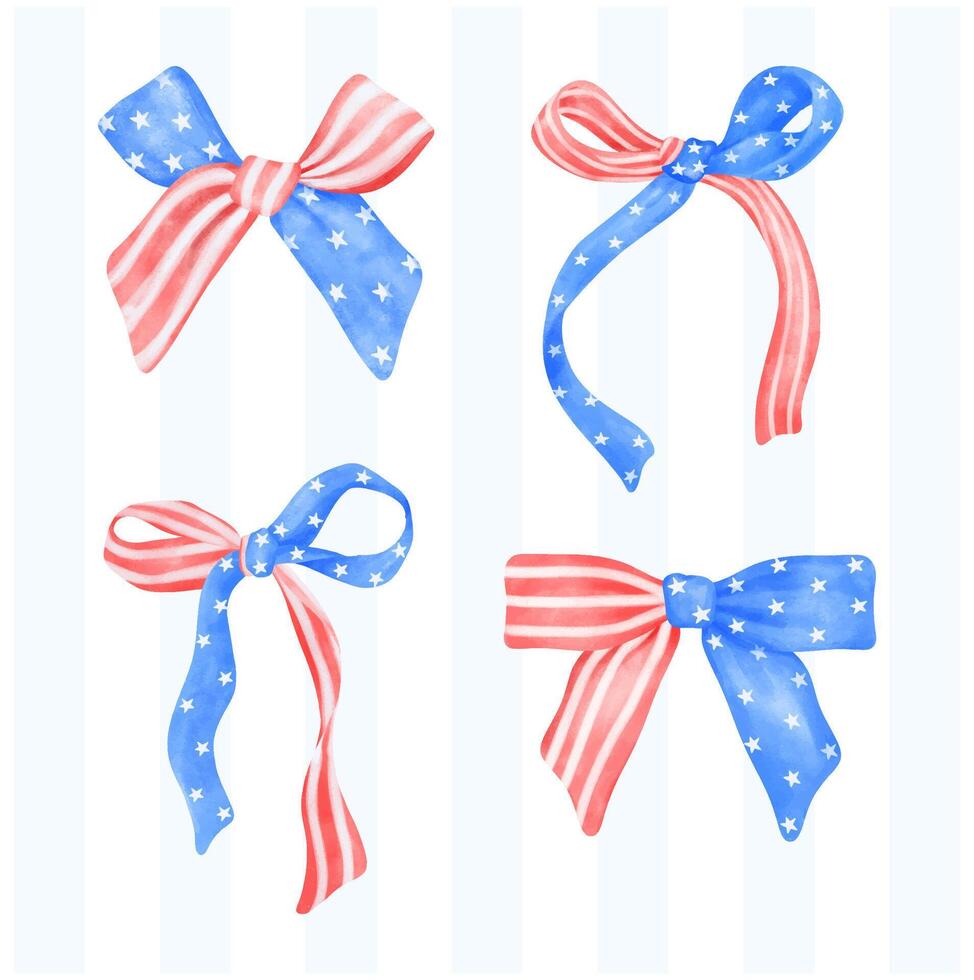 set of Coquette 4th of July stars and stripes ribbon Bows Watercolor vector illustration.