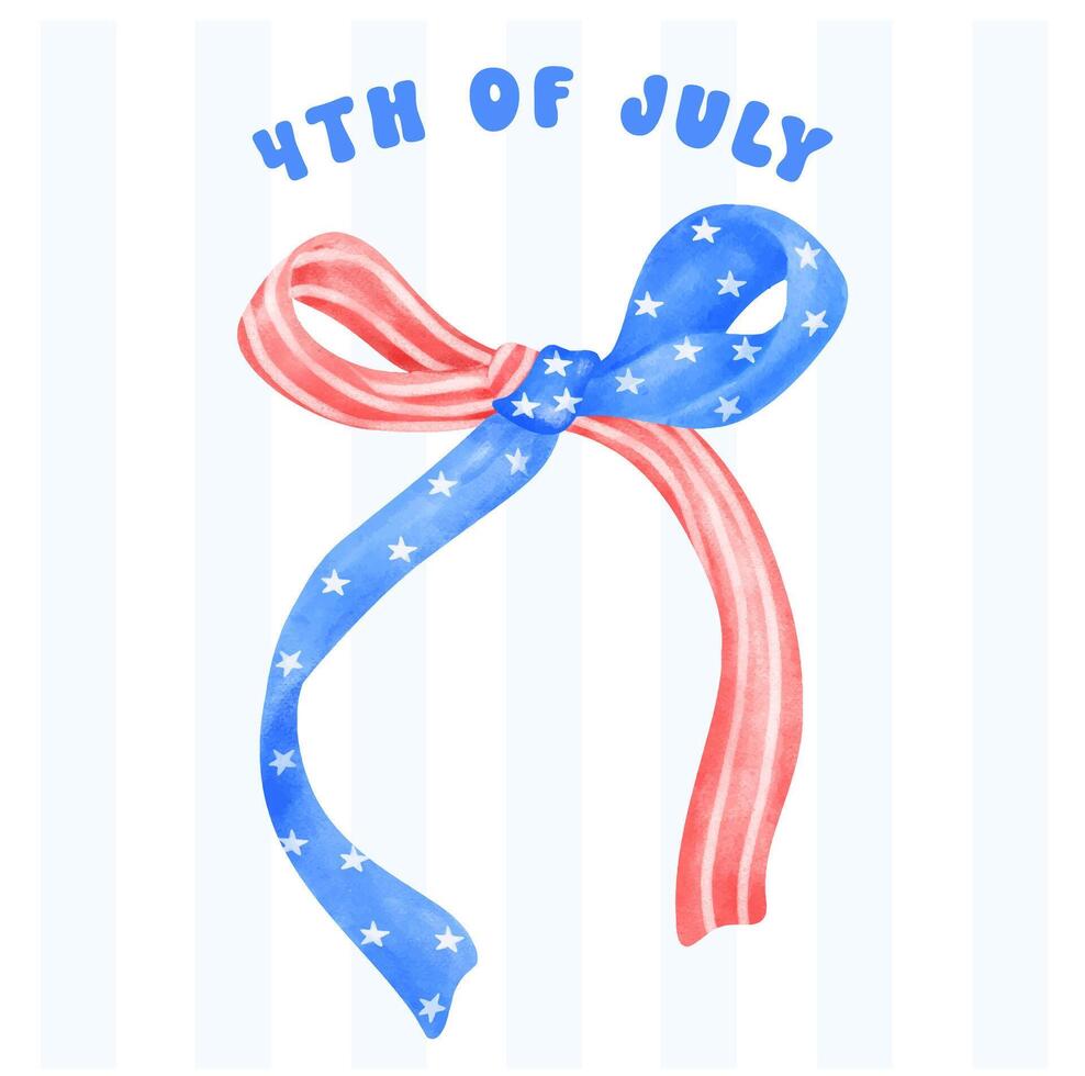 4th of July Coquette stars and stripes ribbon Bow Watercolor vector illustration.