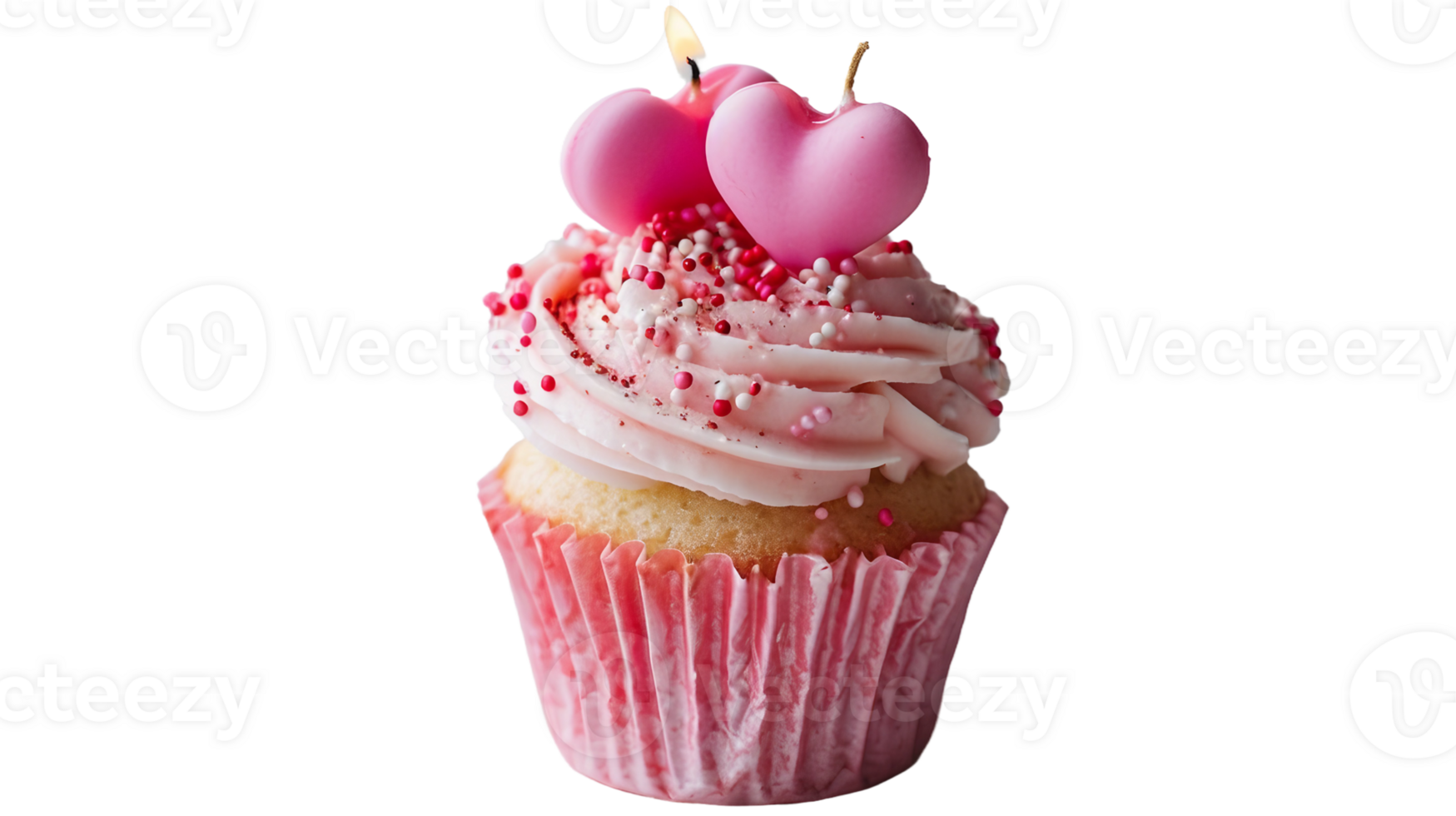 AI generated Cupcake featuring a pink wrapper and two heart-shaped candles on Transparent Background png