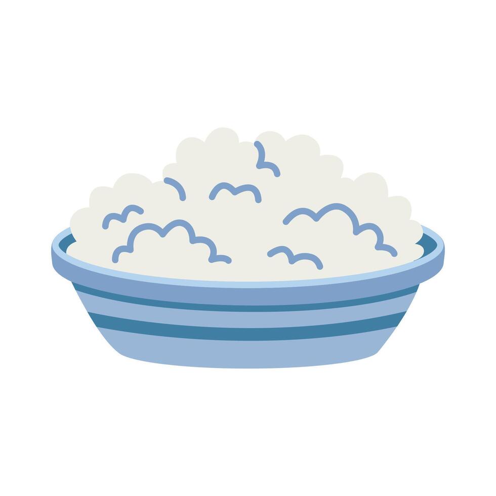 Bowl with cottage cheese, cartoon style. Vector illustration isolated on white background, hand drawn, flat design