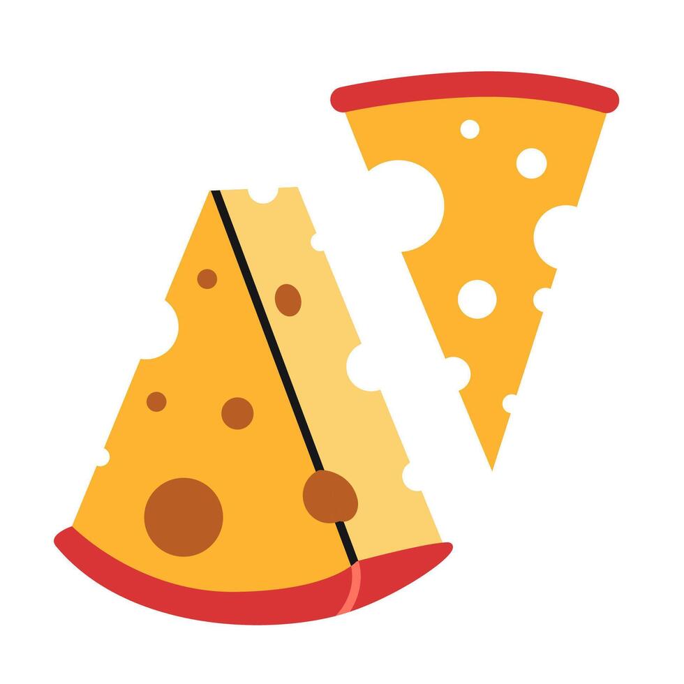 Piece and slice of cheese, cartoon style. Vector illustration isolated on white background, hand drawn, flat design