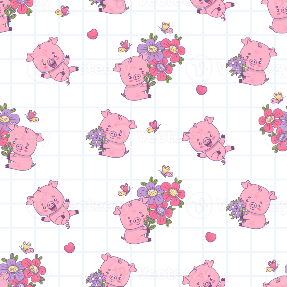 Seamless pattern with cute pigs with bouquet flowers png