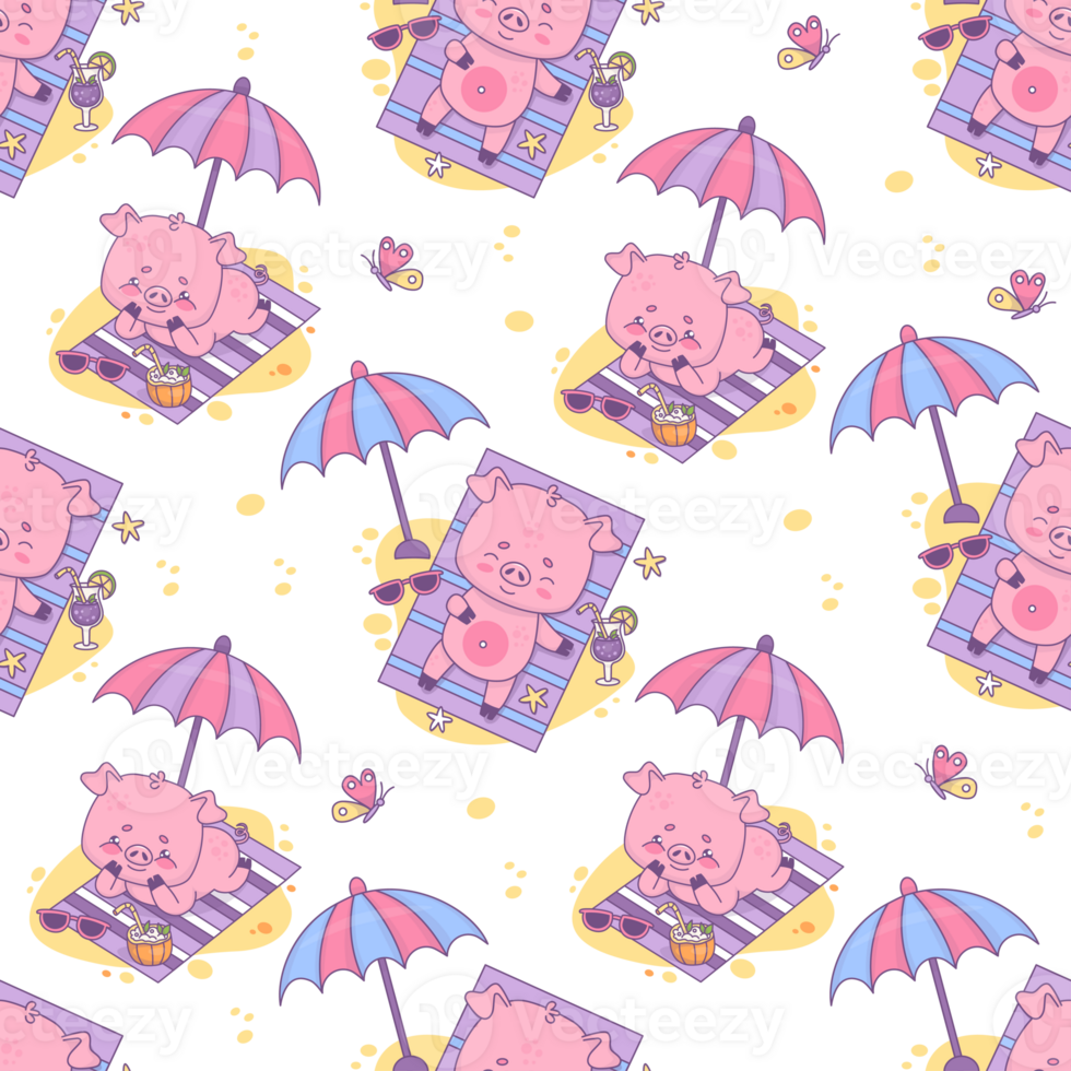 Seamless pattern with sunbathing pigs  beach holiday png