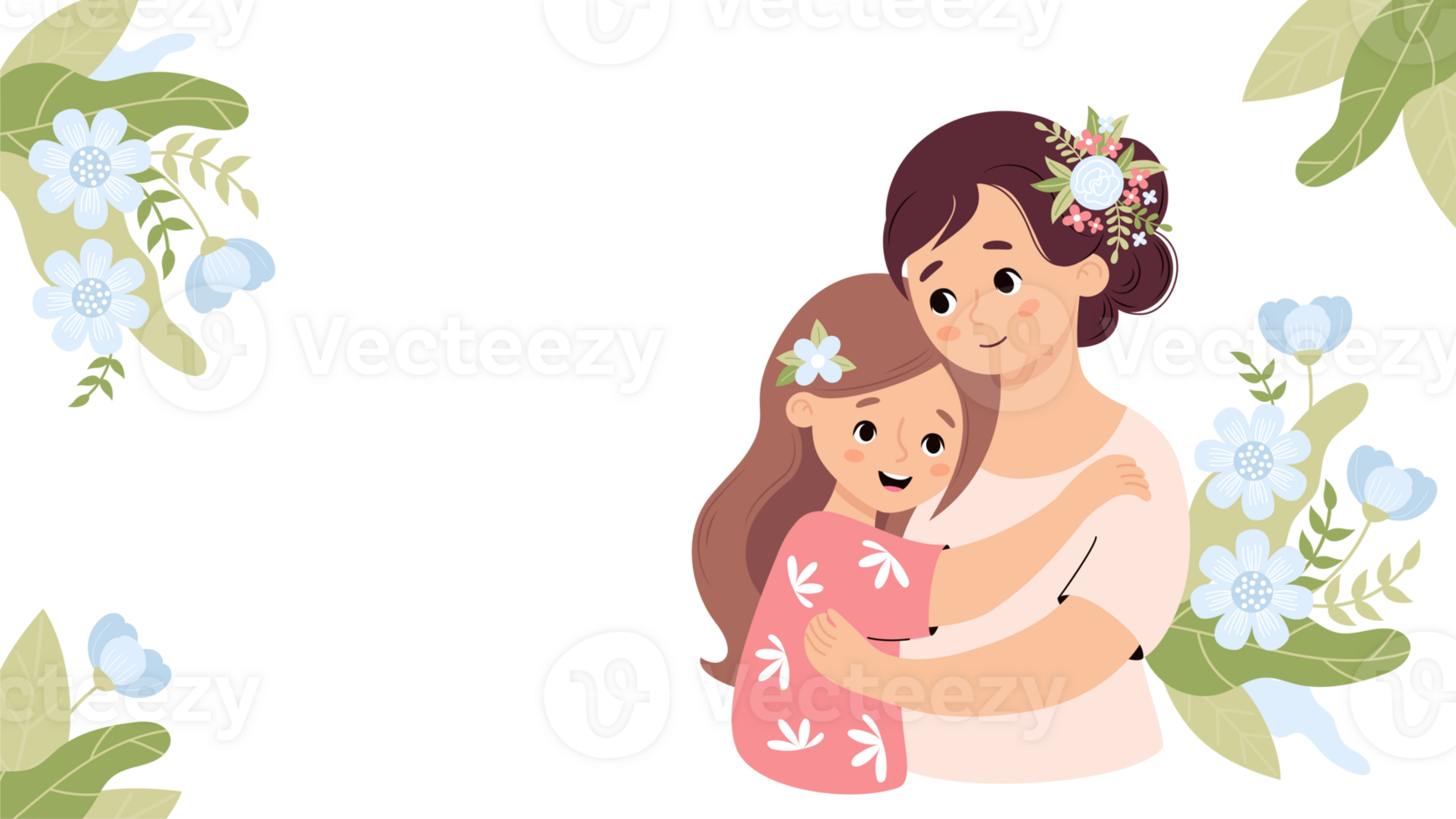 Cute woman hugs daughter on background with flowers png