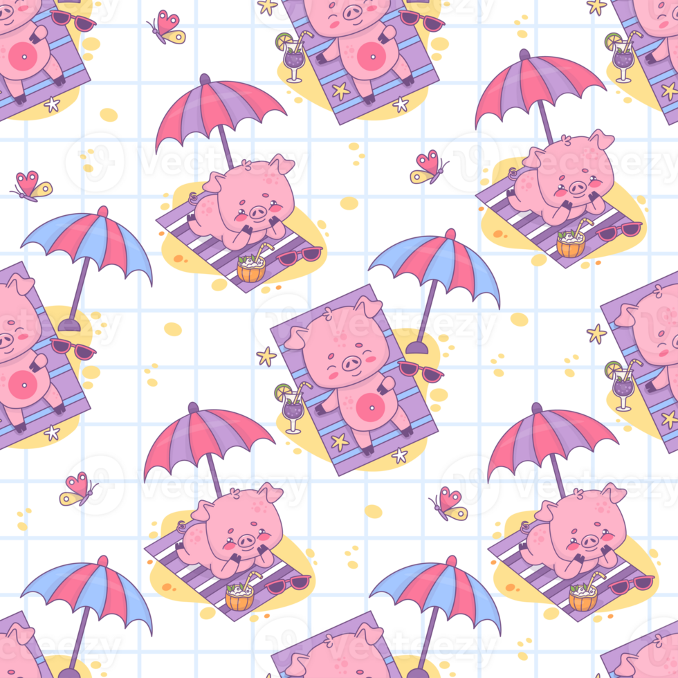 Seamless pattern with sunbathing pigs under sun umbrella beach holiday png