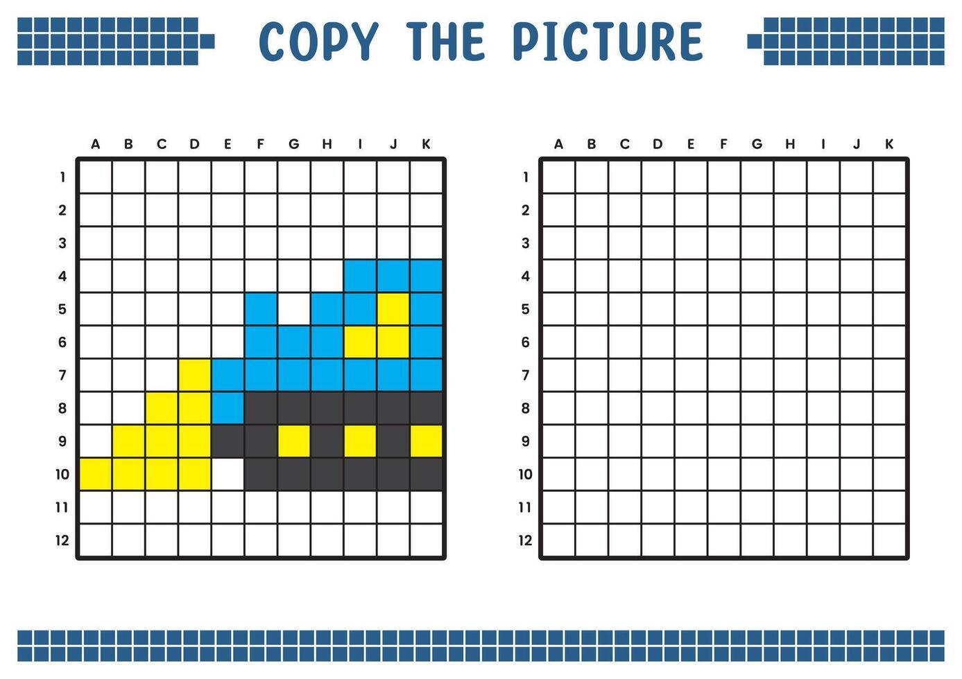 Copy the picture, complete the grid image. Educational worksheets drawing with squares, coloring cell areas. Children's preschool activities. Cartoon vector, pixel art. Loader truck illustration. vector