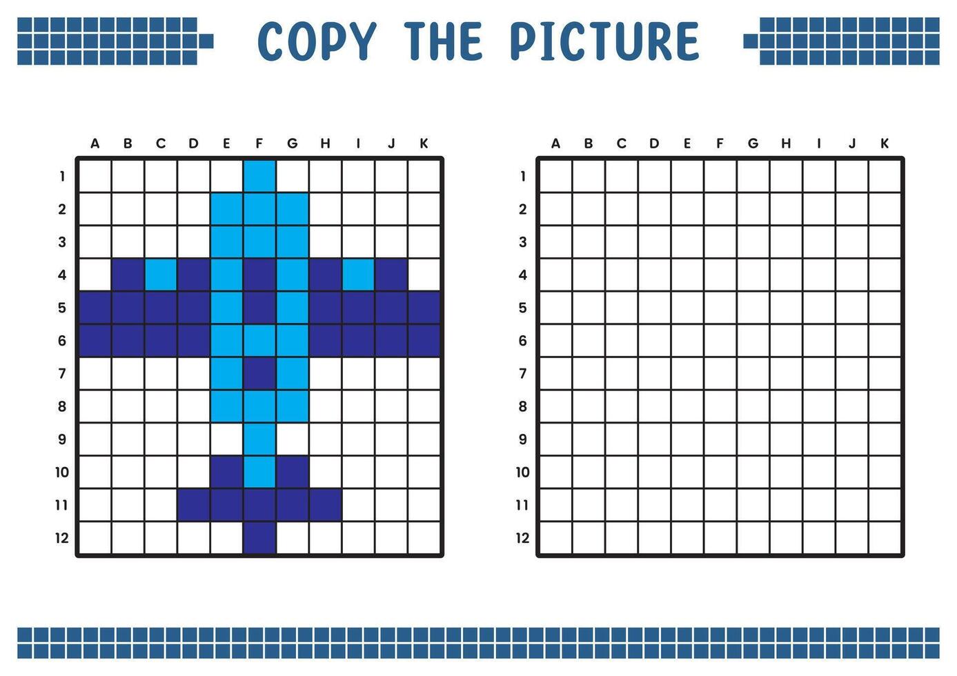 Copy the picture, complete the grid image. Educational worksheets drawing with squares, coloring cell areas. Children's preschool activities. Cartoon vector, pixel art. Airplane illustration. vector