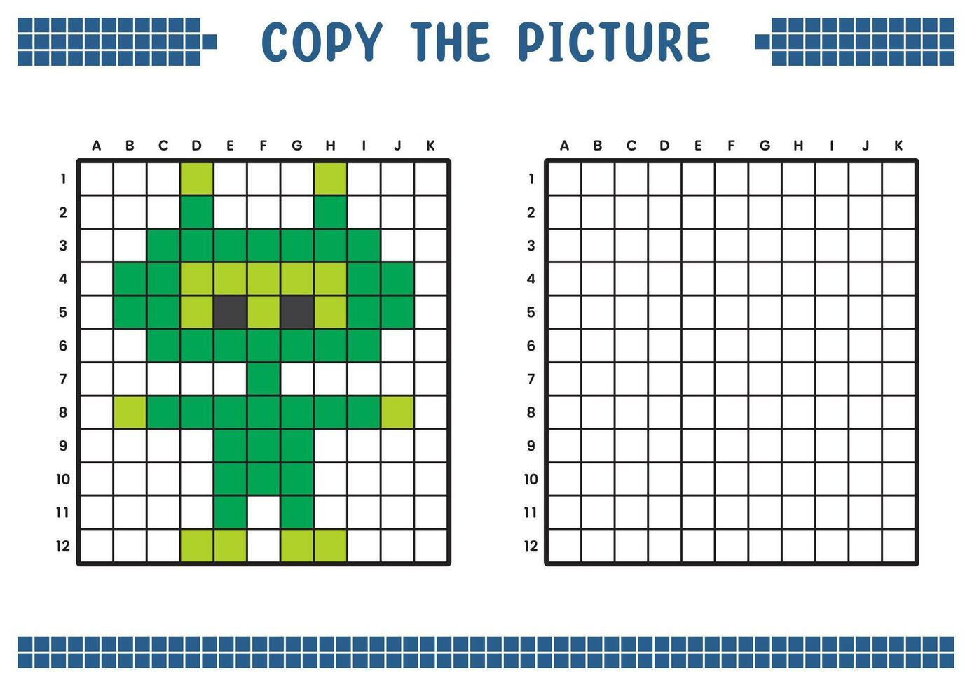 Copy the picture, complete the grid image. Educational worksheets drawing with squares, coloring cell areas. Children's preschool activities. Cartoon vector, pixel art. Alien robot doll illustration. vector