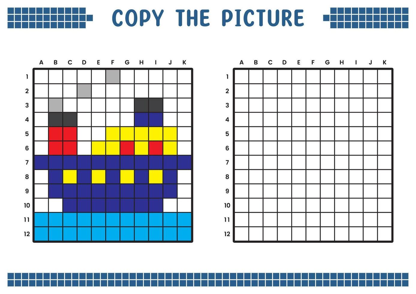 Copy the picture, complete the grid image. Educational worksheets drawing with squares, coloring cell areas. Children's preschool activities. Cartoon vector, pixel art. Cruise ship illustration. vector
