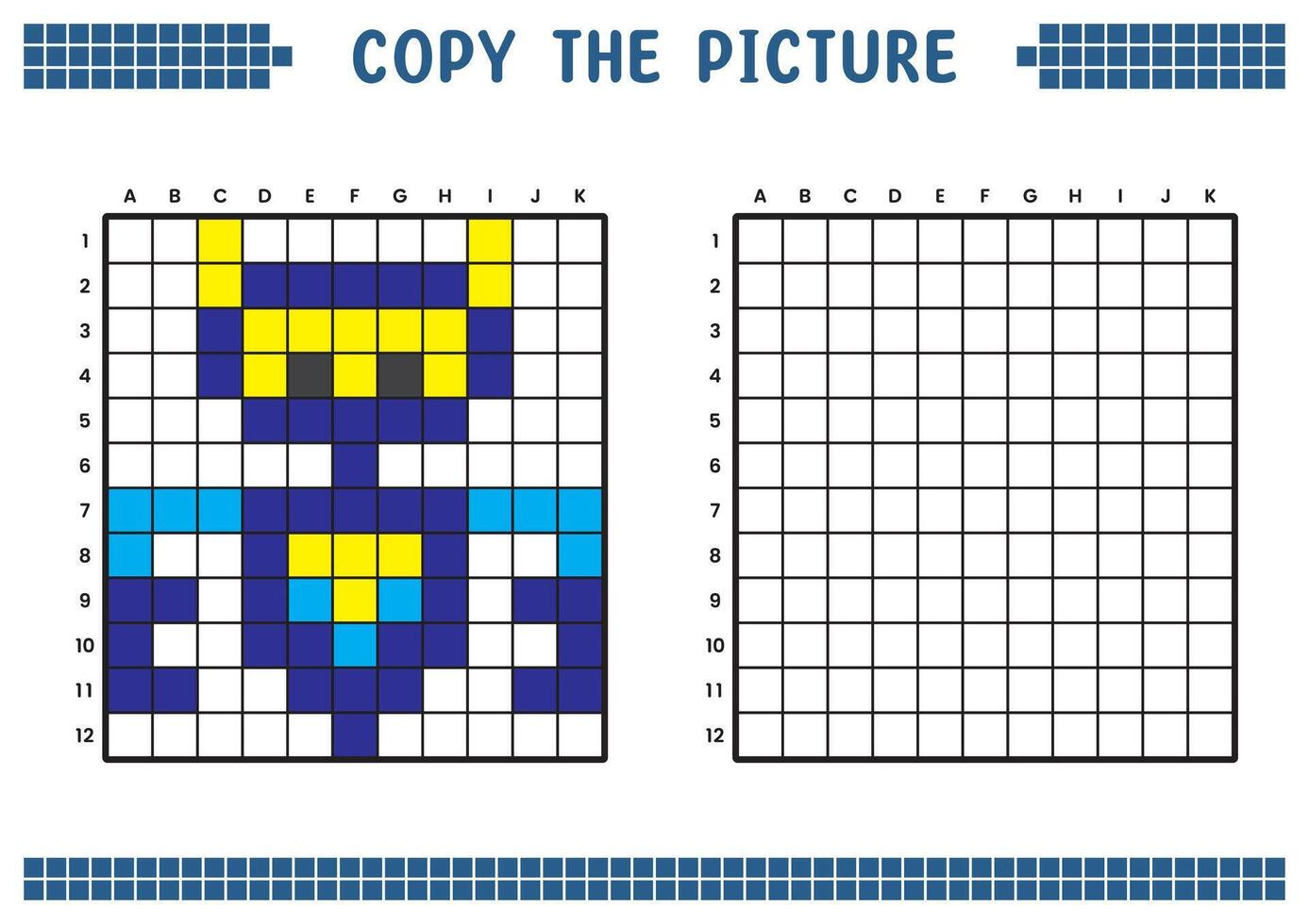 Copy the picture, complete the grid image. Educational worksheets drawing with squares, coloring cell areas. Children's preschool activities. Cartoon vector, pixel art. Future robot illustration. vector