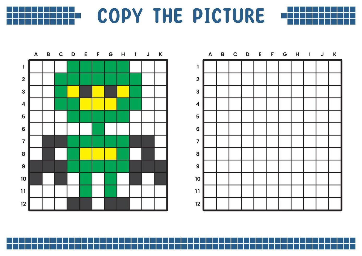 Copy the picture, complete the grid image. Educational worksheets drawing with squares, coloring cell areas. Children's preschool activities. Cartoon vector, pixel art. Ninja robot illustration. vector