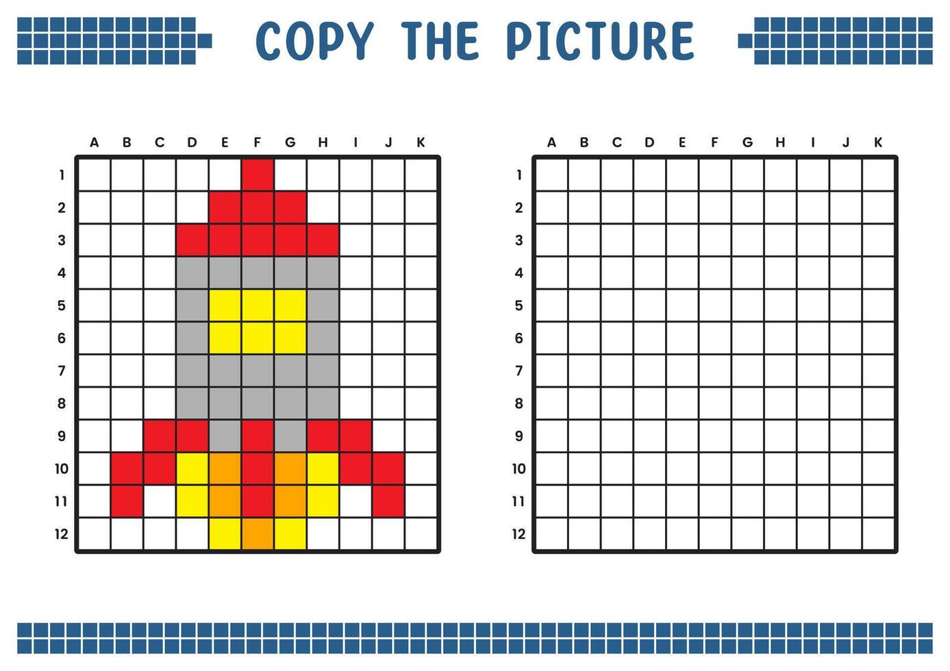 Copy the picture, complete the grid image. Educational worksheets drawing with squares, coloring cell areas. Children's preschool activities. Cartoon vector, pixel art. Space rocket illustration. vector