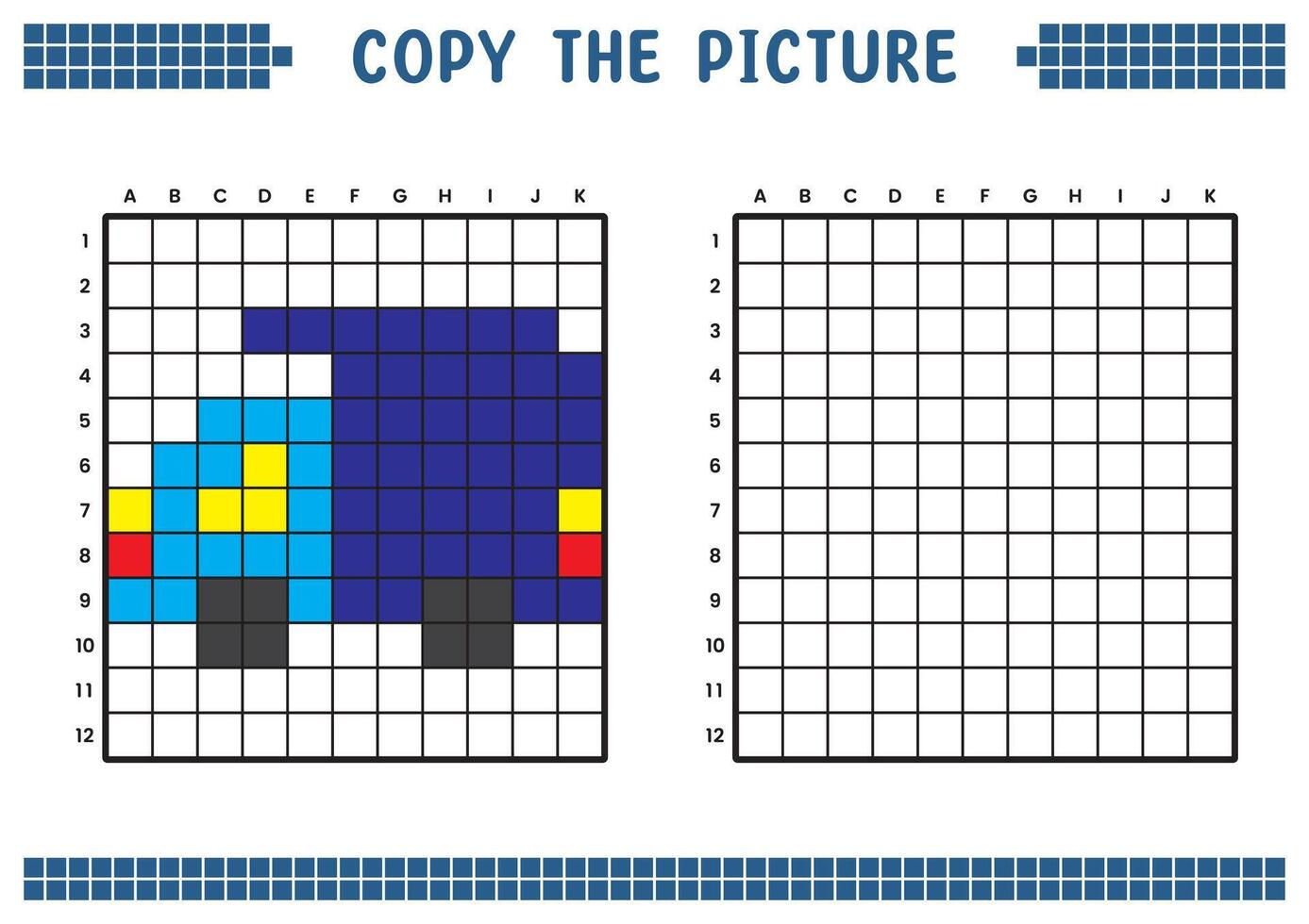 Copiar el imagen, completar el cuadrícula imagen. educativo hojas de trabajo dibujo con cuadrícula, colorante célula áreas para niños preescolar actividades. dibujos animados vector, píxel Arte. camión carga ilustración. vector