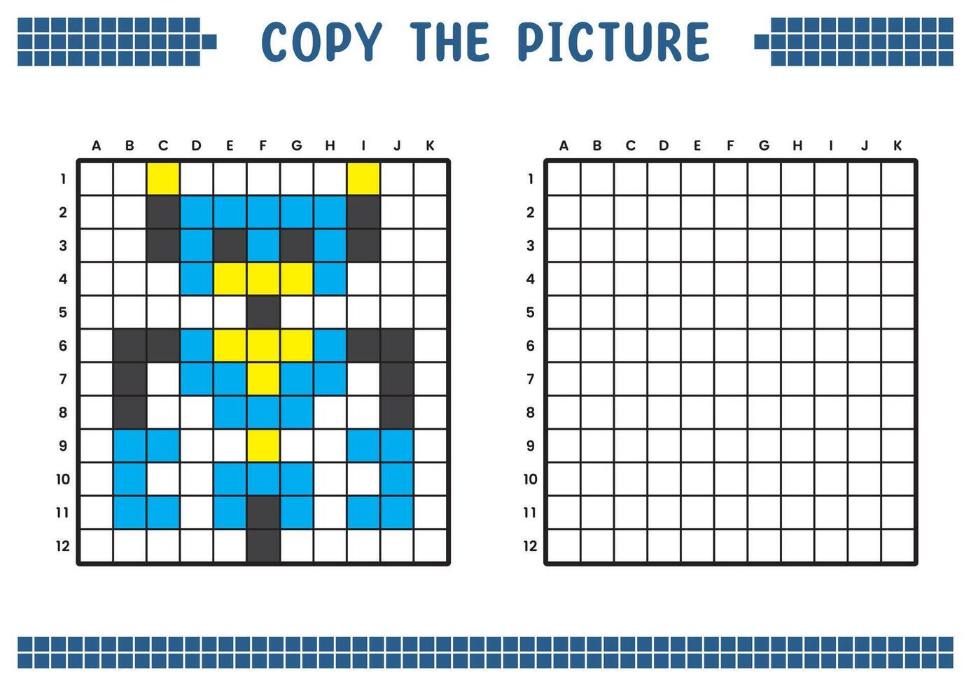 Copy the picture, complete the grid image. Educational worksheets drawing with squares, coloring cell areas. Children's preschool activities. Cartoon vector, pixel art. Futuristic robot illustration. vector