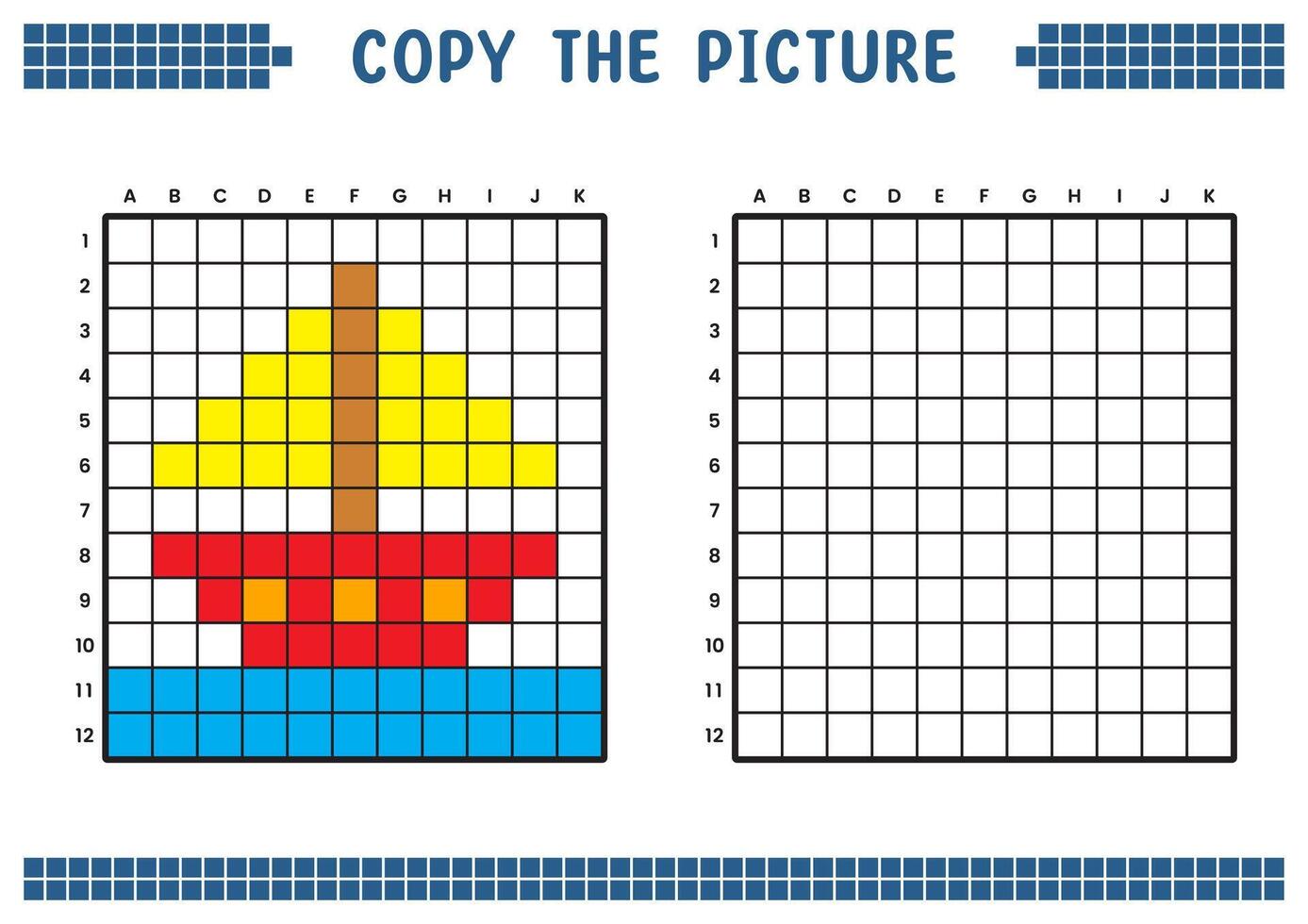 Copiar el imagen, completar el cuadrícula imagen. educativo hojas de trabajo dibujo con cuadrícula, colorante célula áreas para niños preescolar actividades. dibujos animados vector, píxel Arte. navegación Embarcacion ilustración. vector