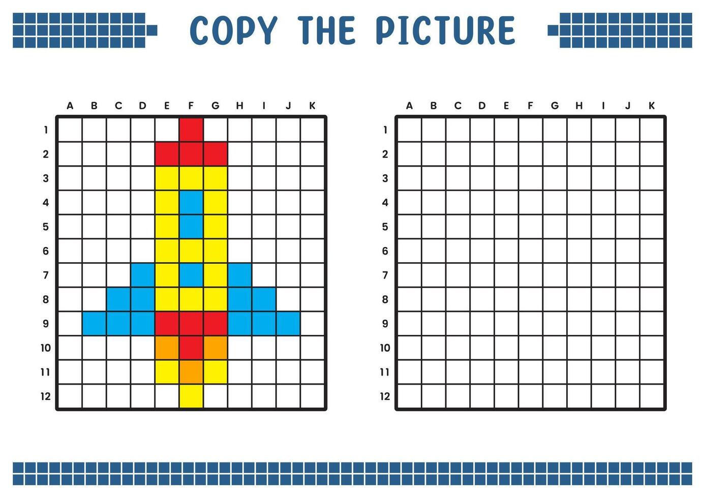 Copy the picture, complete the grid image. Educational worksheets drawing with squares, coloring cell areas. Children's preschool activities. Cartoon vector, pixel art. Space rocket illustration. vector